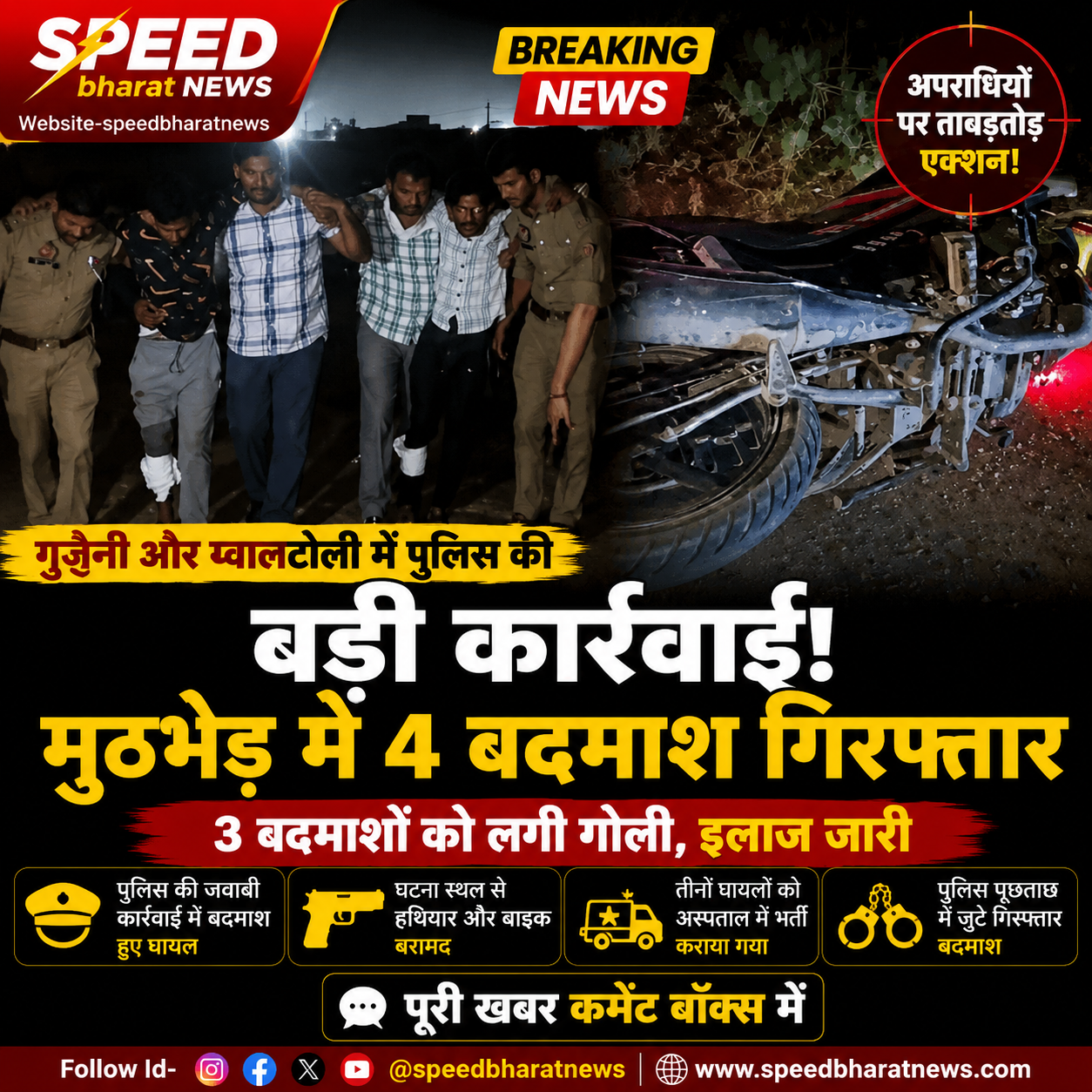 गुजैनी और ग्वालटोली में पुलिस की बड़ी कार्रवाई, मुठभेड़ में 4 बदमाश गिरफ्तार, 3 को लगी गोली
