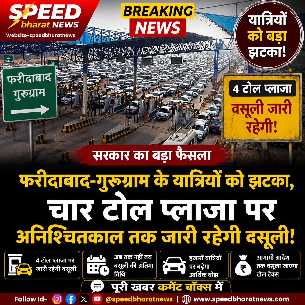 फरीदाबाद-गुरुग्राम के यात्रियों को झटका, चार टोल प्लाजा पर अनिश्चितकाल तक जारी रहेगी वसूली