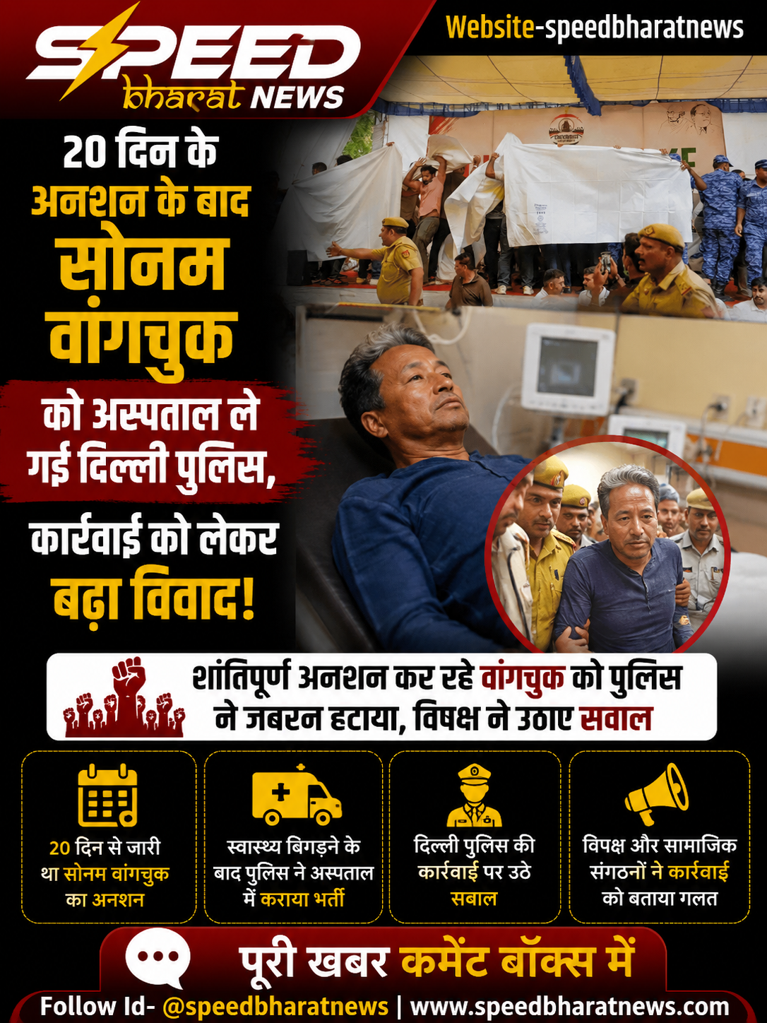 20 दिन के अनशन के बाद सोनम वांगचुक को अस्पताल ले गई दिल्ली पुलिस, कार्रवाई को लेकर बढ़ा विवाद