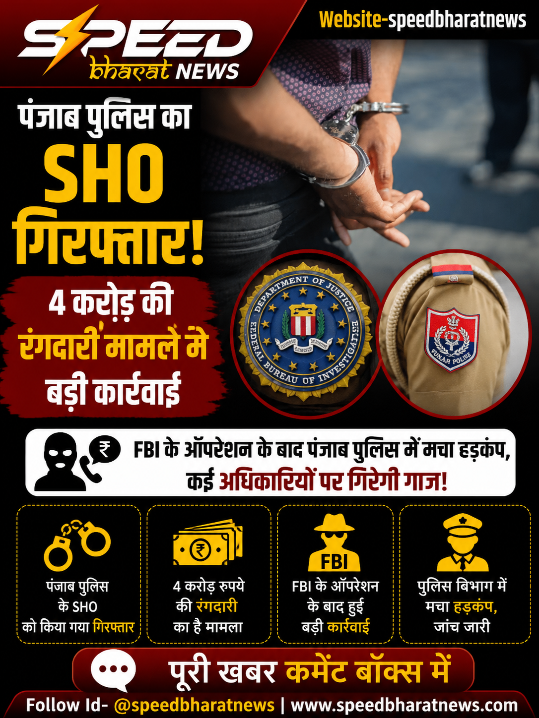 पंजाब पुलिस का SHO गिरफ्तार, FBI के ऑपरेशन के बाद 4 करोड़ की कथित रंगदारी मामले में बड़ी कार्रवाई