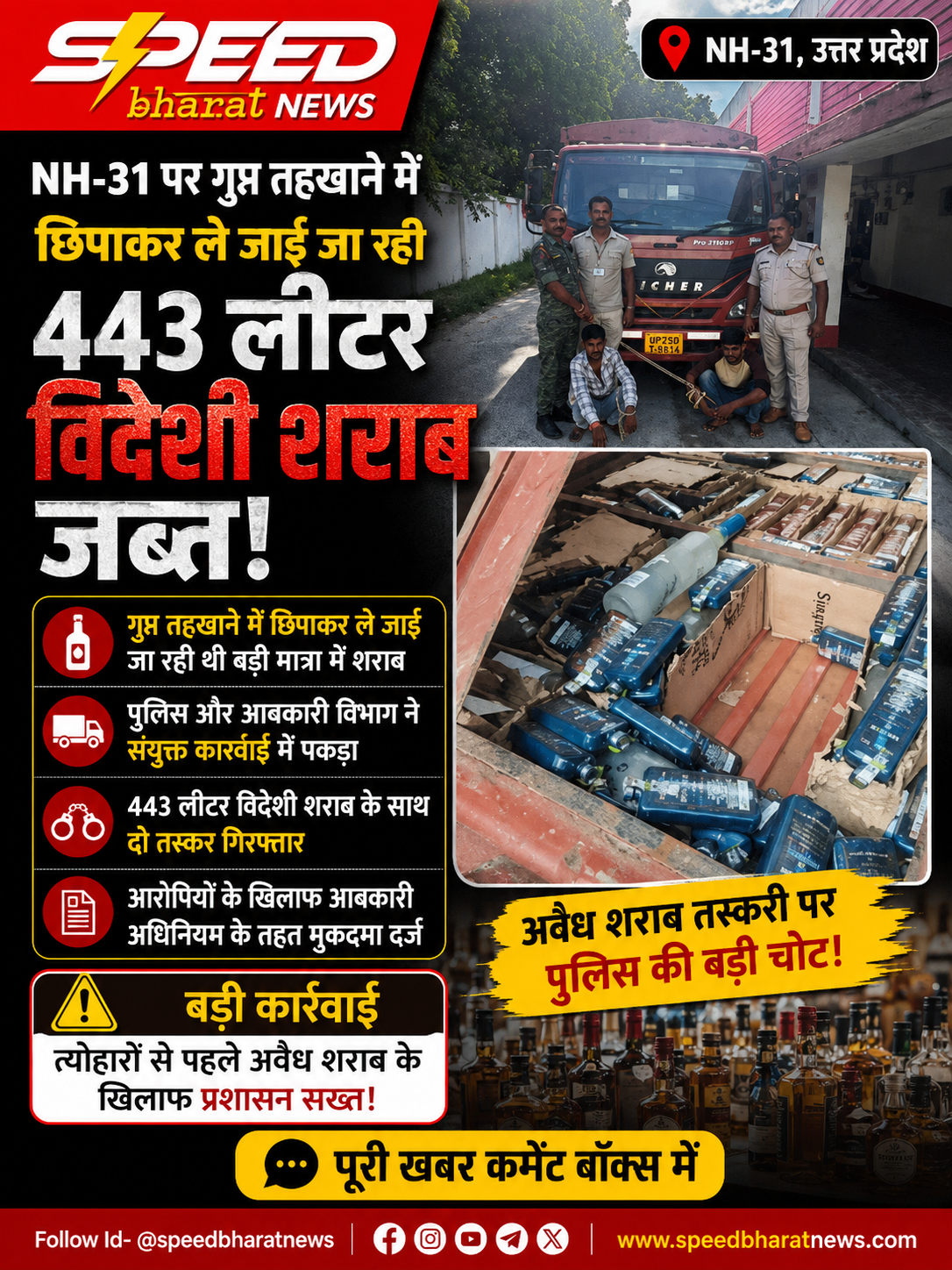 NH-31 पर गुप्त तहखाने में छिपाकर ले जाई जा रही 443 लीटर विदेशी शराब जब्त, दो गिरफ्तार