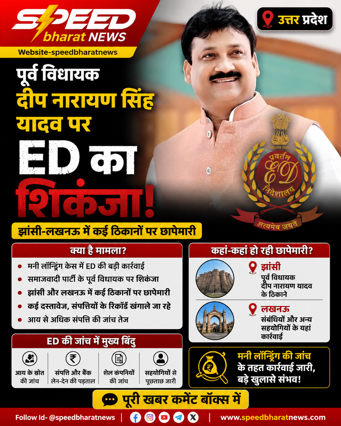 पूर्व विधायक दीप नारायण सिंह यादव पर ED का शिकंजा, झांसी-लखनऊ में कई ठिकानों पर छापेमारी; मनी लॉन्ड्रिंग जांच तेज