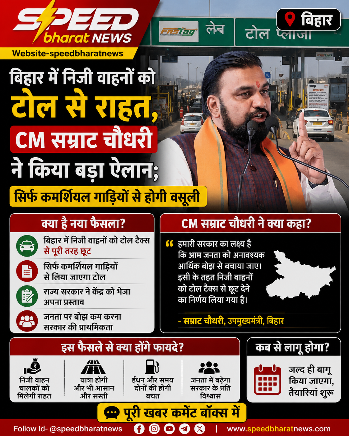 बिहार में निजी वाहनों को टोल से राहत, CM सम्राट चौधरी ने किया बड़ा ऐलान; सिर्फ कमर्शियल गाड़ियों से होगी वसूली