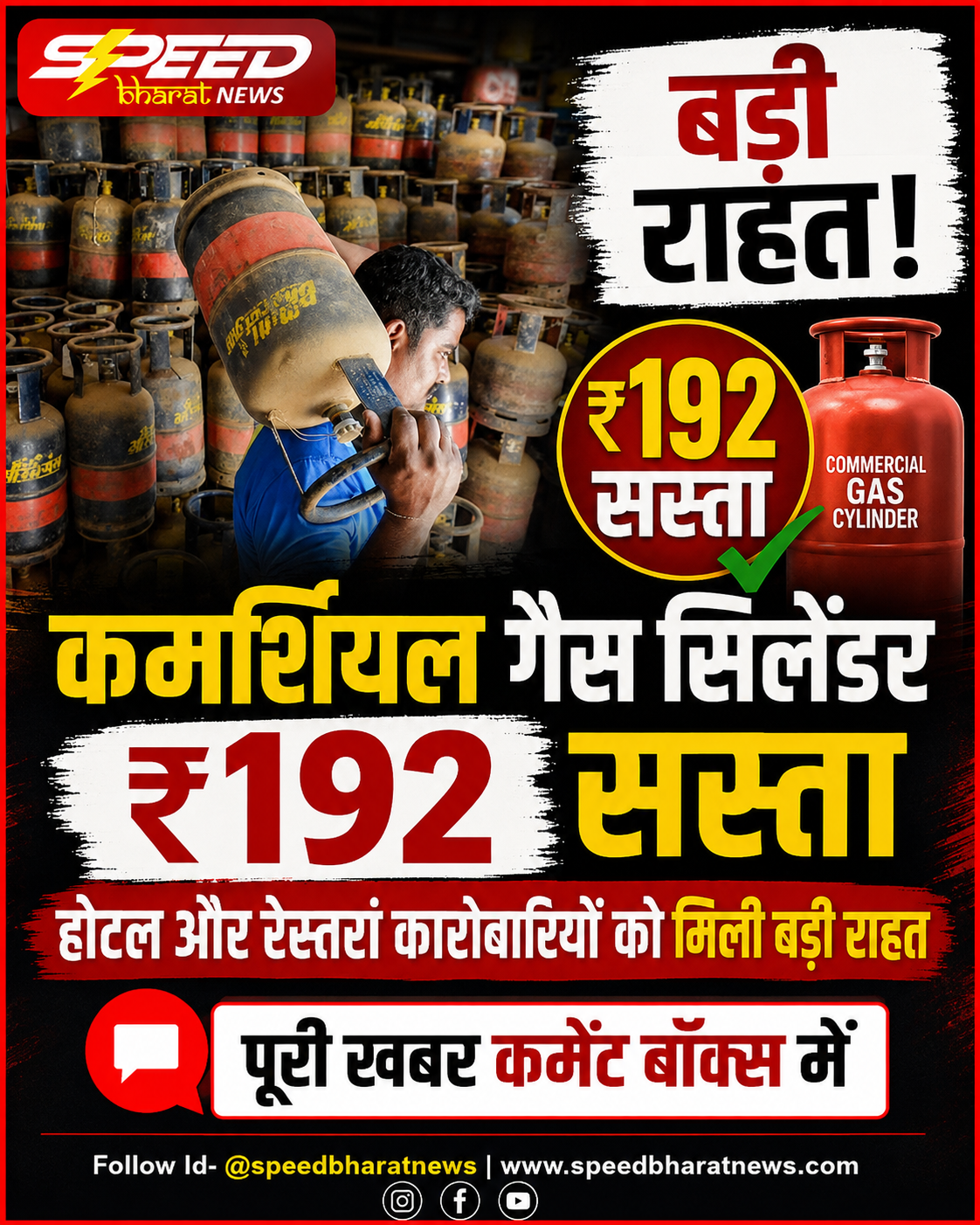 कमर्शियल गैस सिलेंडर ₹192 सस्ता, होटल और रेस्तरां कारोबारियों को मिली बड़ी राहत