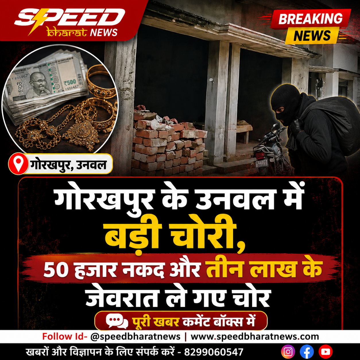 गोरखपुर के उनवल में बड़ी चोरी, 50 हजार नकद और तीन लाख के जेवरात ले गए चोर