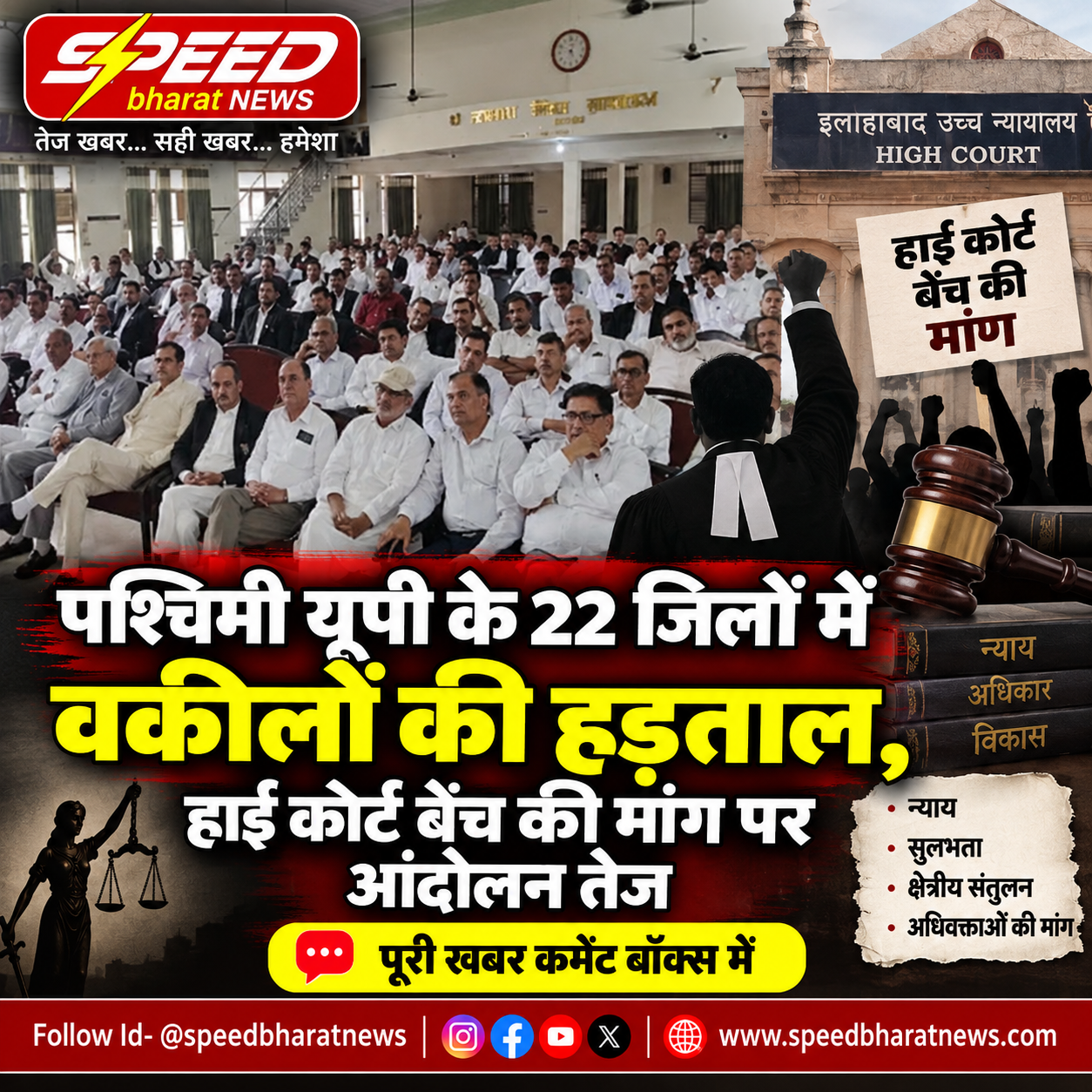 पश्चिमी यूपी के 22 जिलों में वकीलों की हड़ताल, हाई कोर्ट बेंच की मांग पर आंदोलन तेज