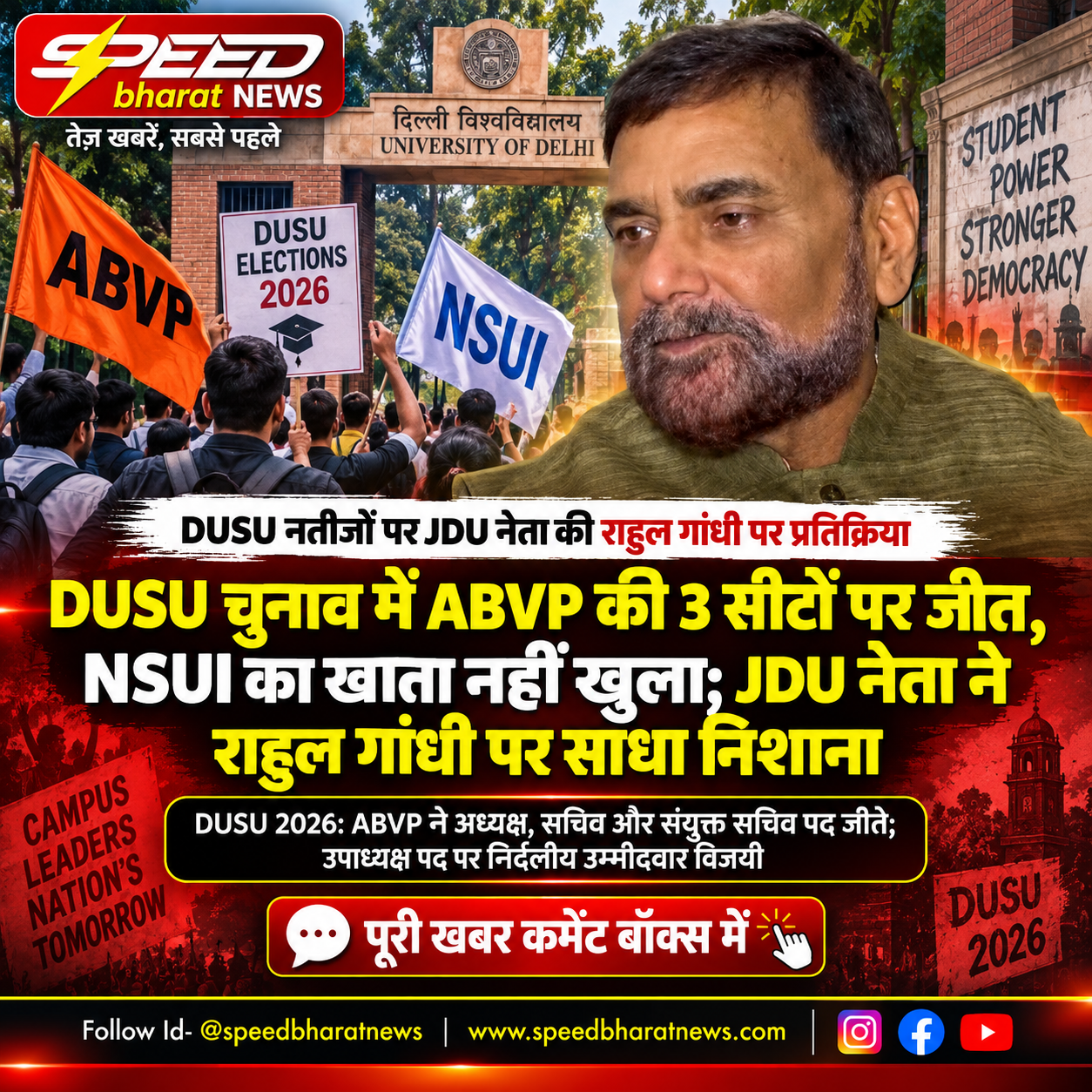 DUSU चुनाव में ABVP की 3 सीटों पर जीत, NSUI का खाता नहीं खुला; JDU नेता ने राहुल गांधी पर साधा निशाना