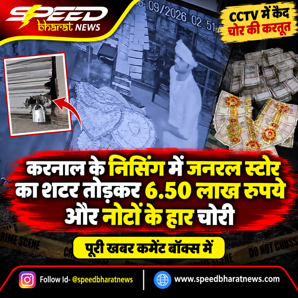 करनाल के निसिंग में जनरल स्टोर का शटर तोड़कर 6.50 लाख रुपये और नोटों के हार चोरी